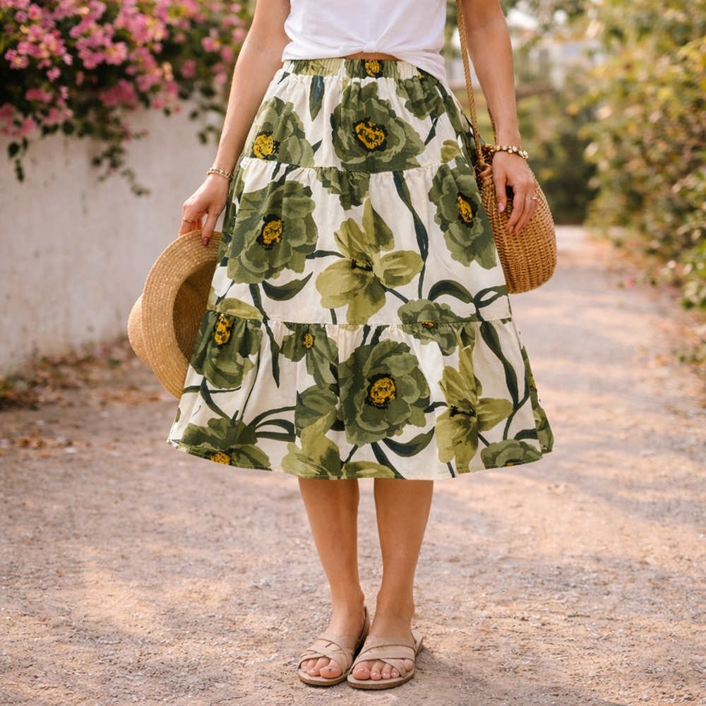 Rever Floral Tiered Knee Length Skirt‎ Petite Small Green Linen Blend Boho Skirt